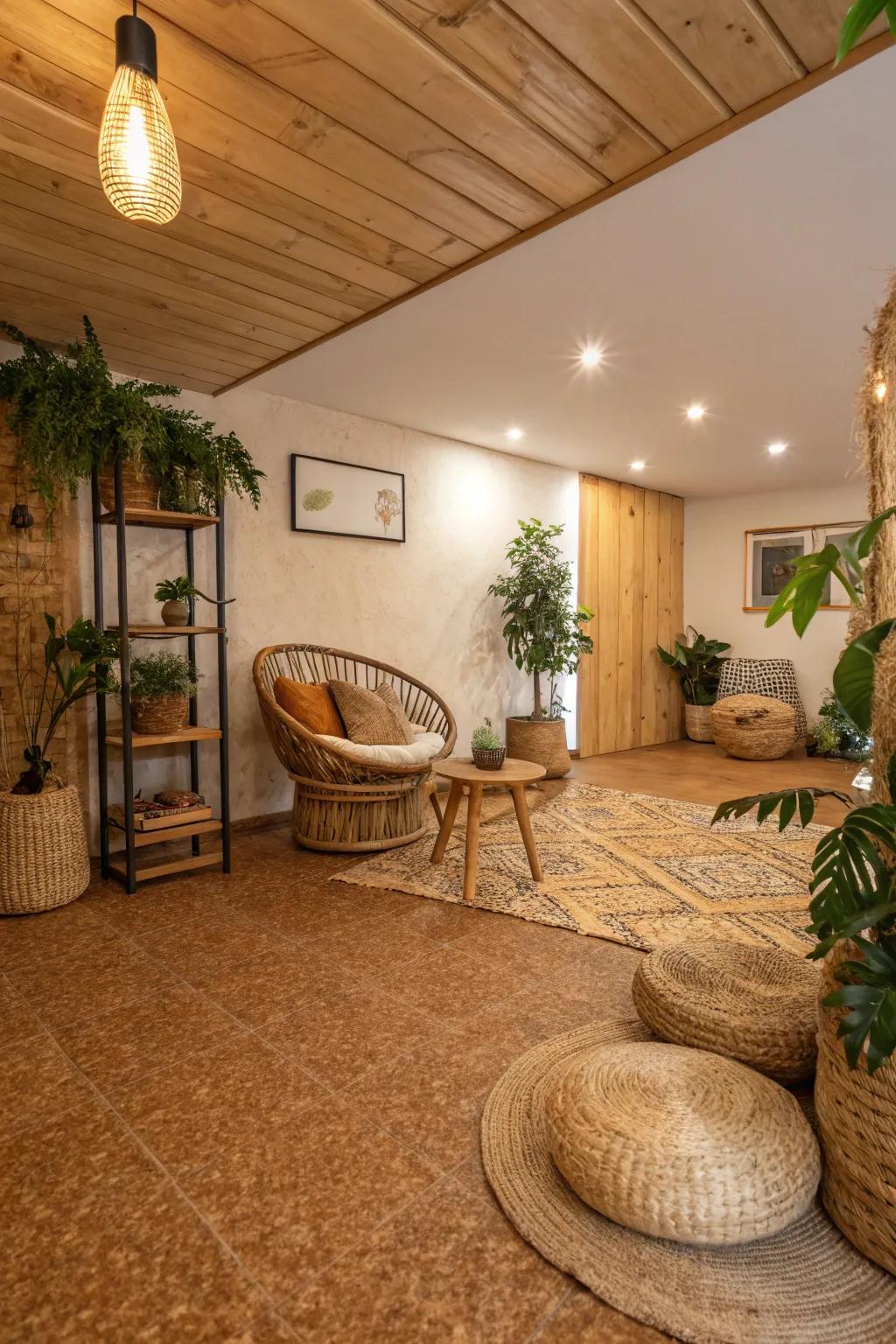 Cork flooring combines eco-friendliness with cozy charm.