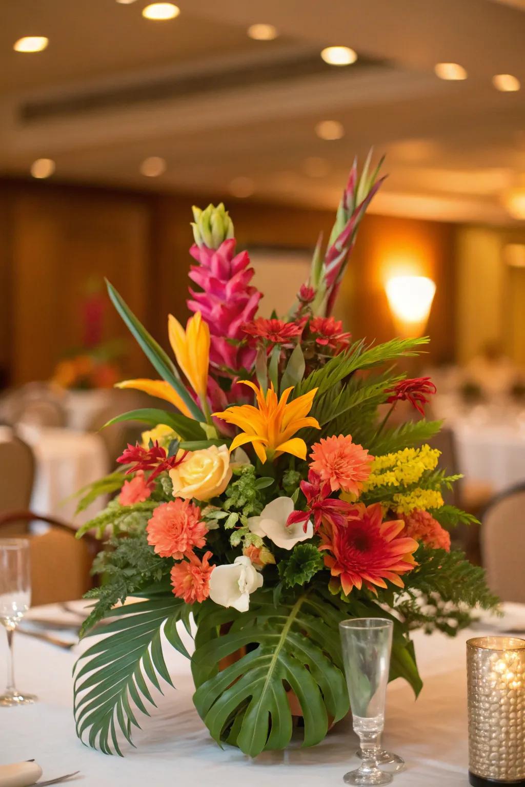 A tropical floral centerpiece showcasing vibrant flowers on a table.