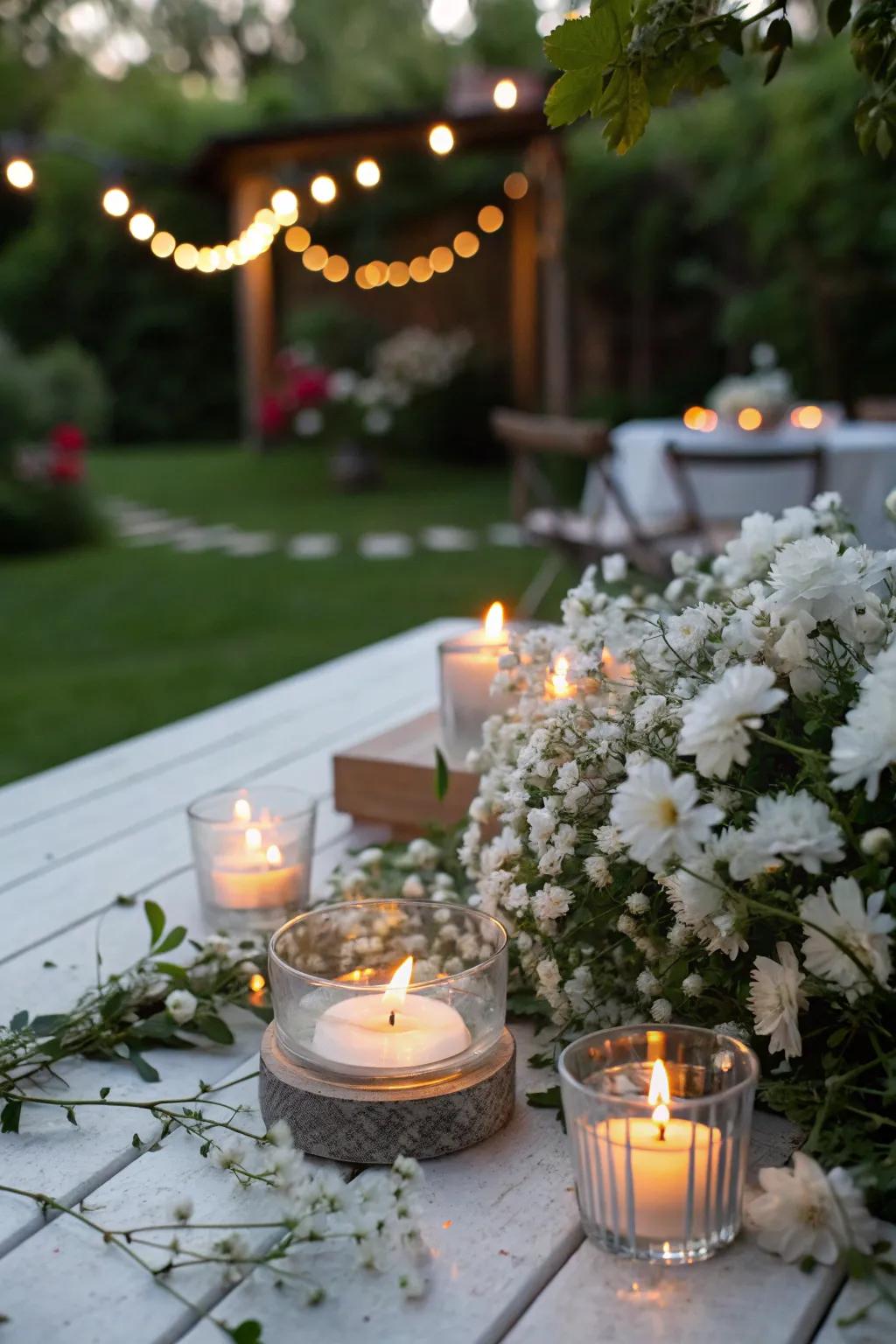 Pale flowers enhancing tea lights for outdoor get-togethers.