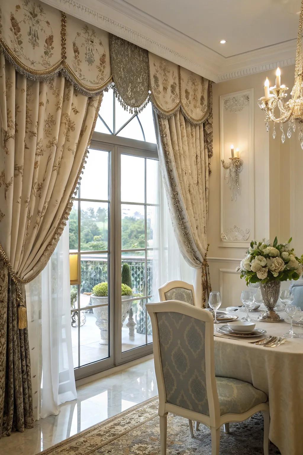 Pretty accessories include design and detail to the drapes in this dining room.