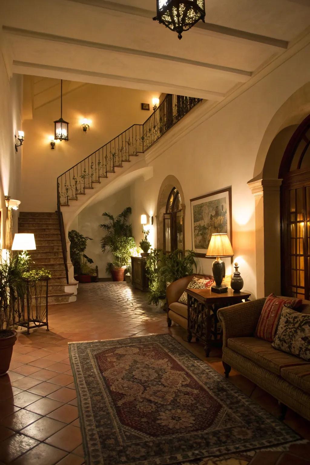 Ambient lighting makes the foyer feel welcoming and comfortable.
