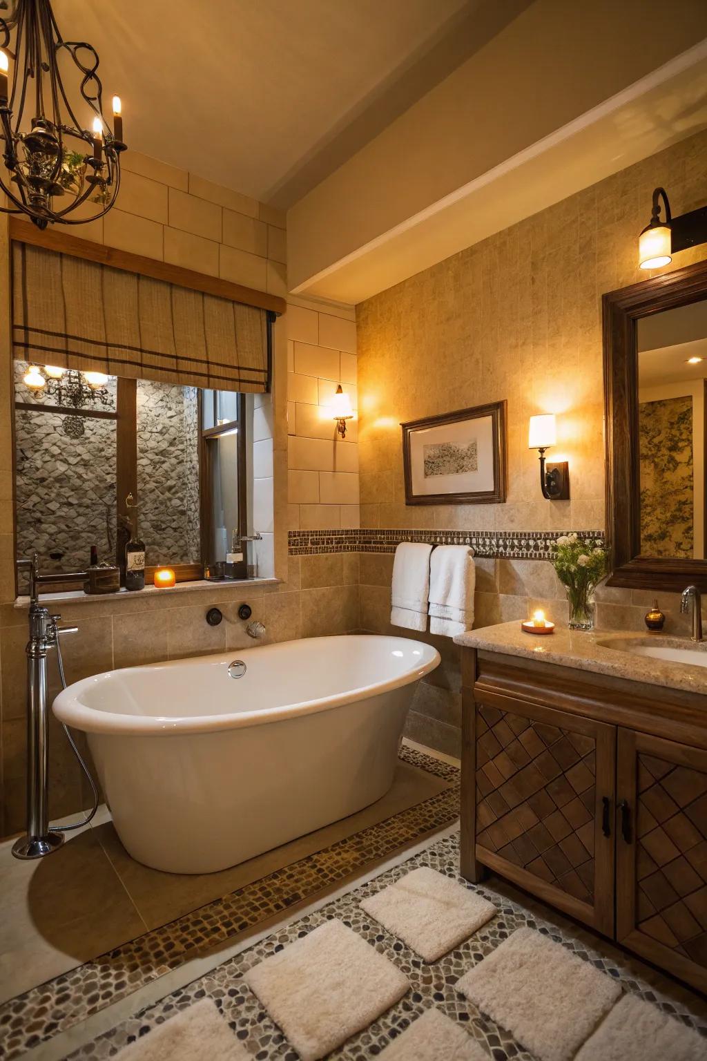 Warm ambient illumination enhancing the mood of a bathroom with a detached soaking tub.