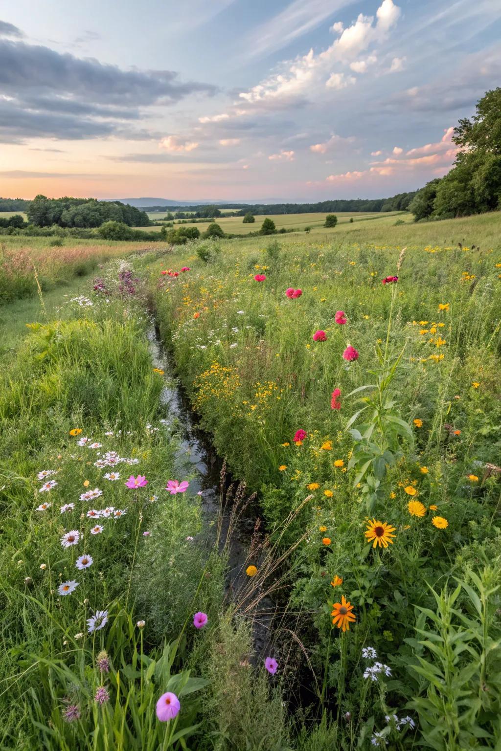 A colorful wildflower meadow thriving around a hidden French drain.