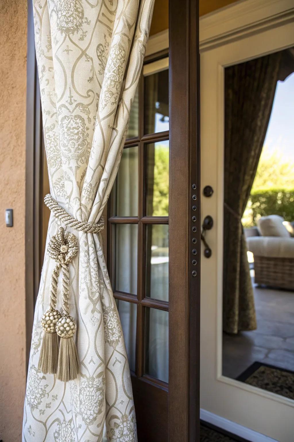 Distinctive holders introducing a personal touch to front door curtains.