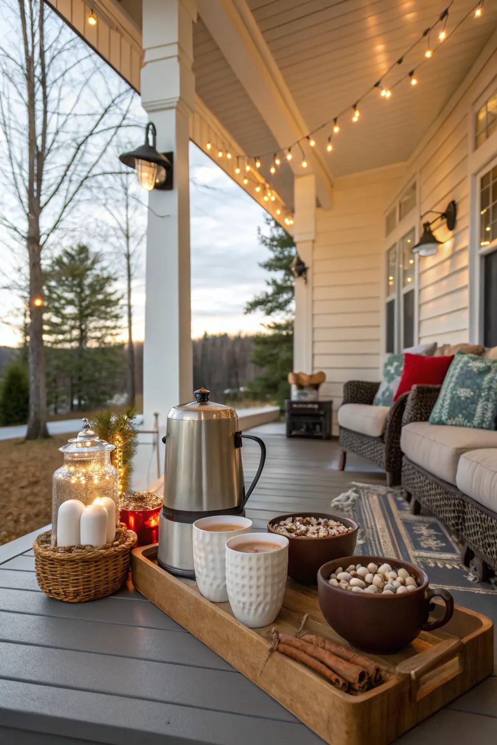 A hot cocoa station contributes warmth and hospitality to your veranda.