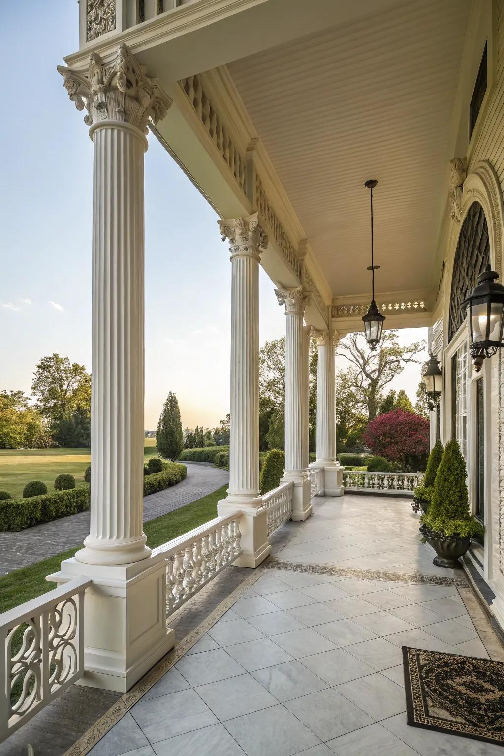 Converging columns evoke tradition and grandeur on a porch.
