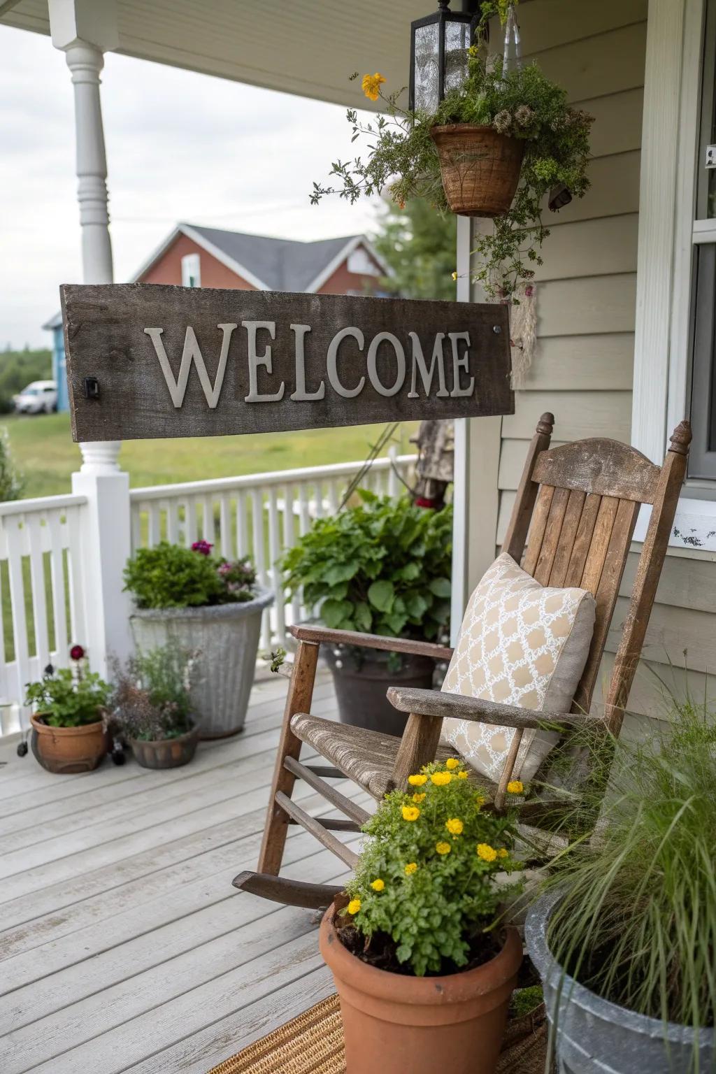 A country reclaimed wooden sign displaying a welcome message on a front porch.