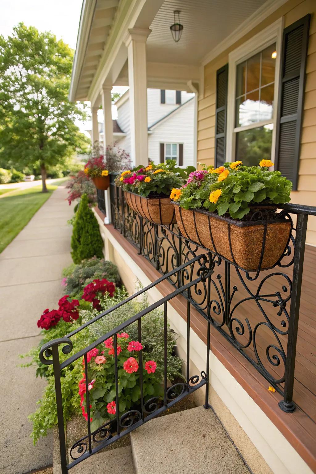 Flower boxes integrated into metal railings for added greenery.