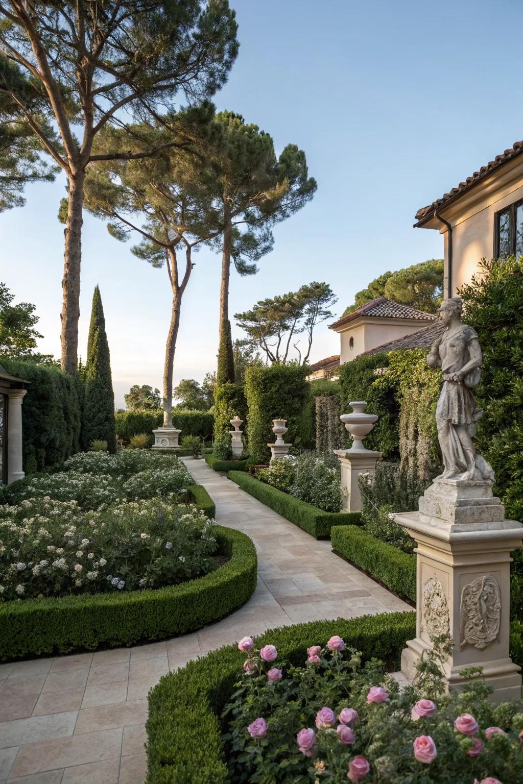 Sculptures add an artful touch to the courtyard.