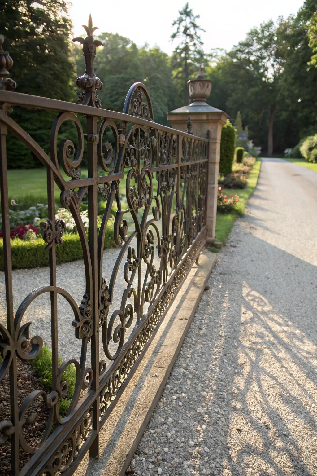 Intricate ironwork designs transform this fence into a piece of art, elevating driveway aesthetics.