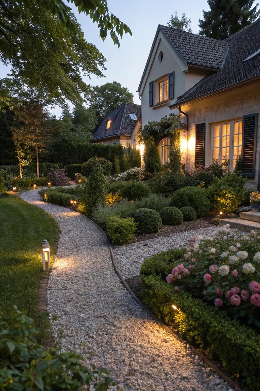 Luminescence amid gravel paths engenders an enchanting evening ambiance.