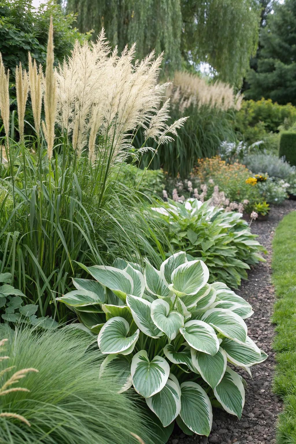 Hostas and ornamental grasses create a balanced mix.