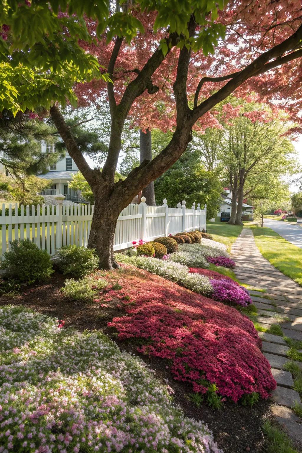 Colorful ground coverings offer a vibrant underlayer to the Japanese maple tree.
