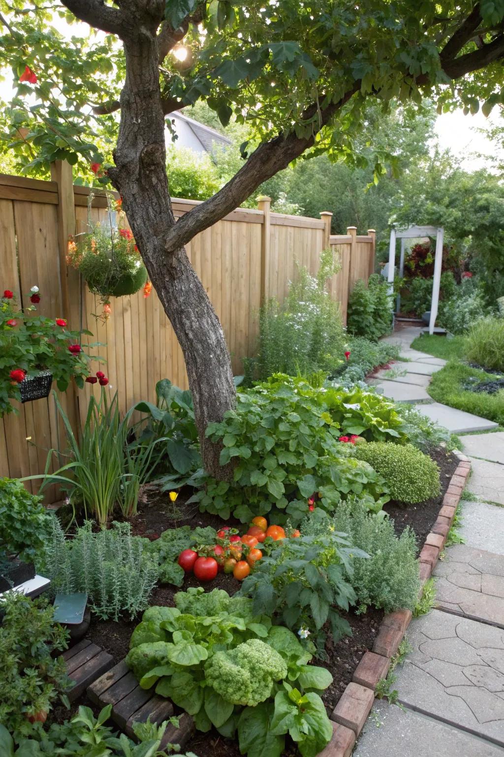 Incorporating an edible plot provides fresh produce while enriching tree landscaping.