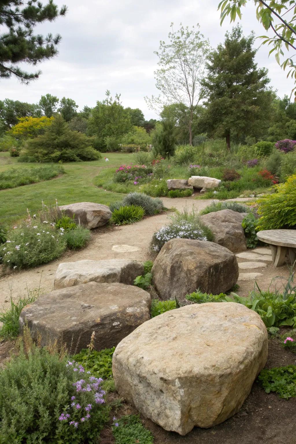 Natural seating using flat boulders encourages relaxation.