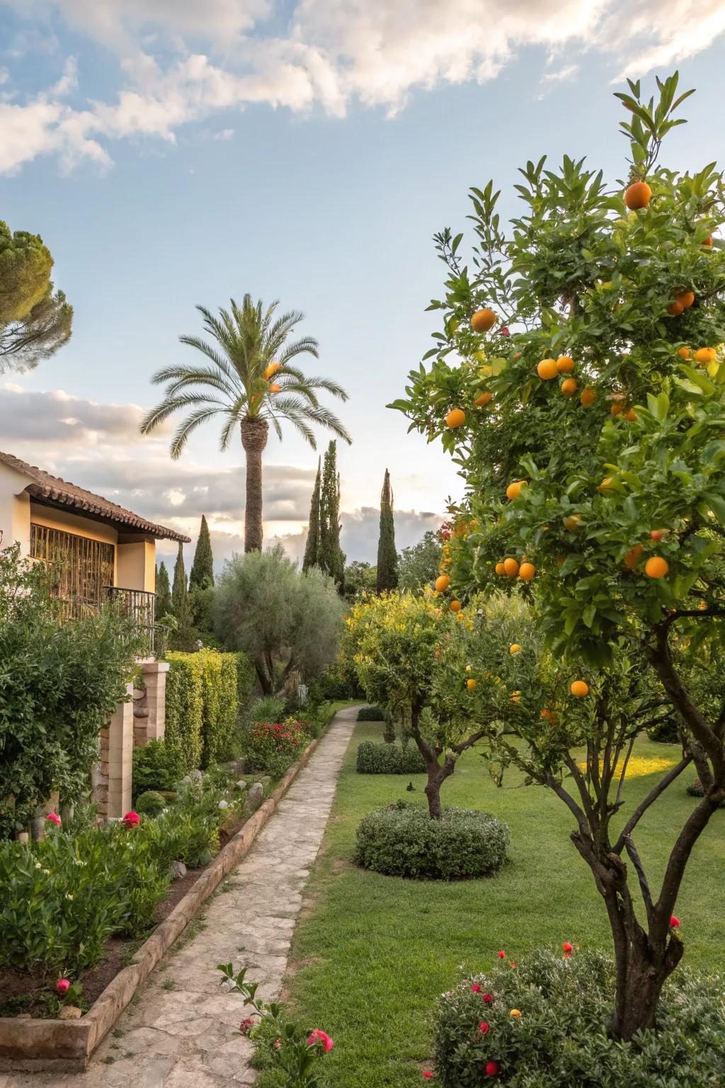 Fruit-bearing trees such as citrus and pomegranate enhance the aesthetic and yield of this landscape.