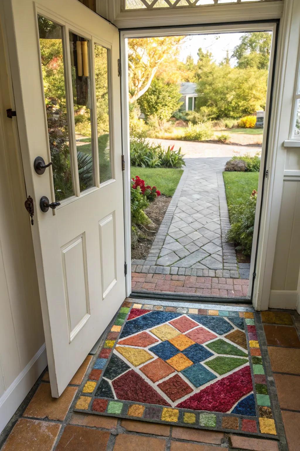 Mosaic stone block mats offer a warm greeting.