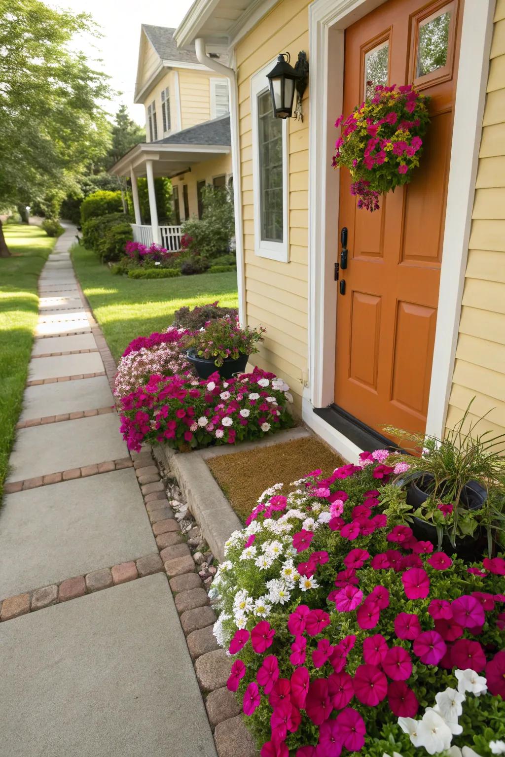 Invite visitors through installing a petunia welcome 'pad' throughout your entrance.