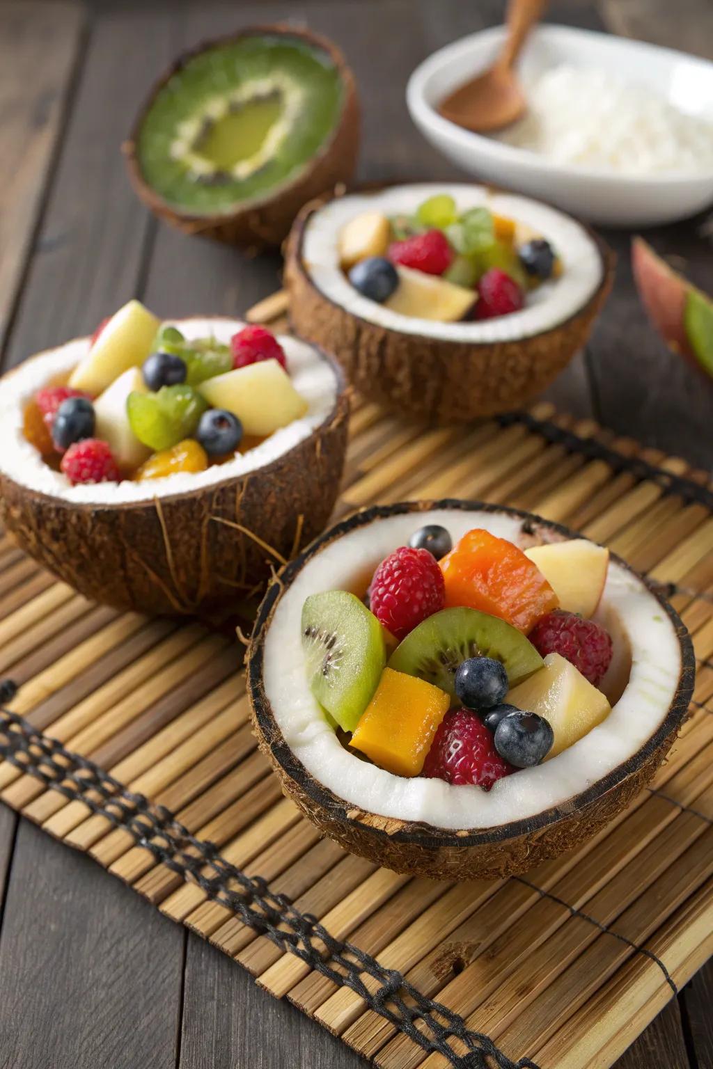 Coco shell bowls provide a tropical and eco-friendly serving option.