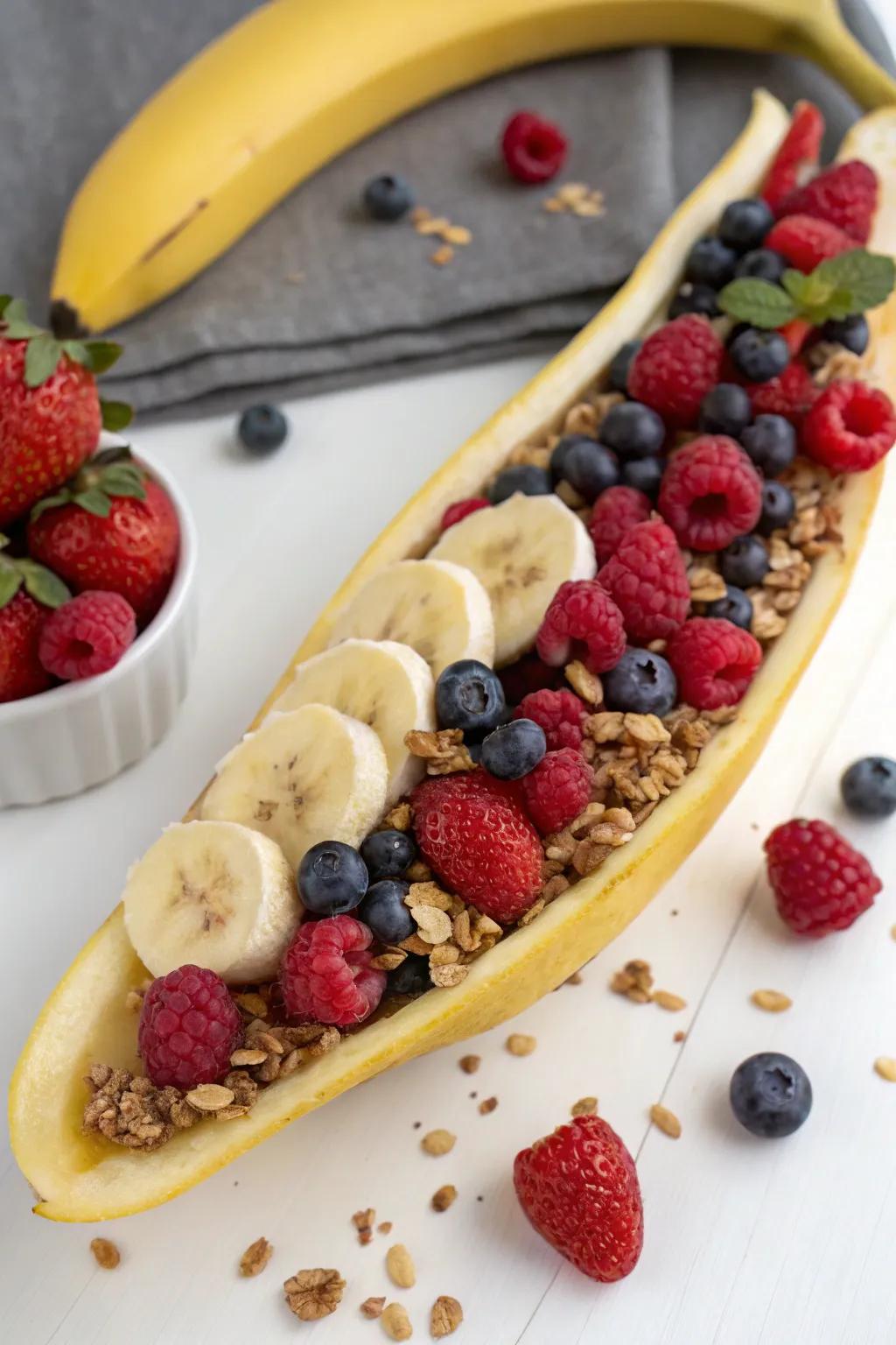 A playful banana boat fruit tray perfect for breakfast.
