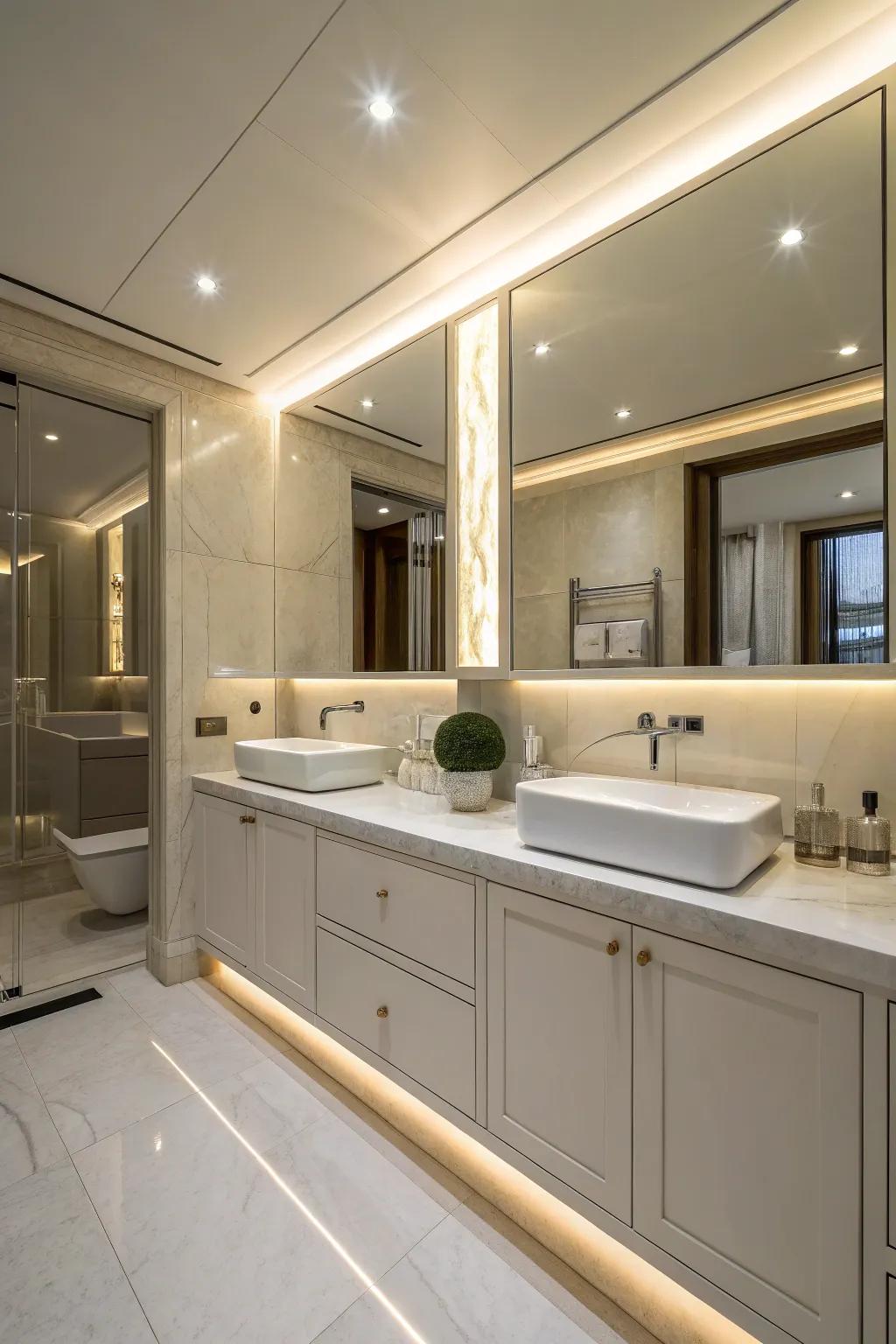 Hidden lighting creates a warm, luxurious glow in the bathroom.