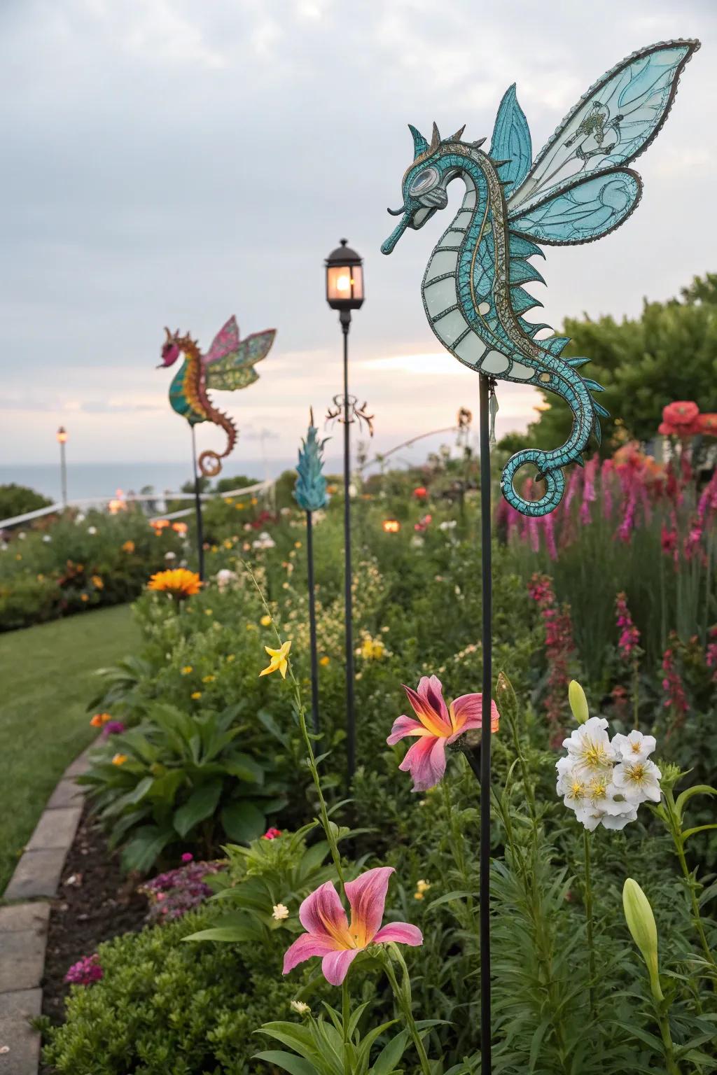Mythical creatures adding a fantastical element to the garden.