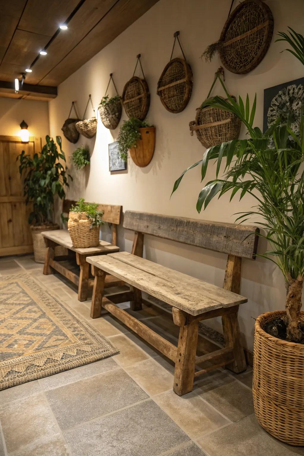 Rustic wood benches add warmth to your game room.