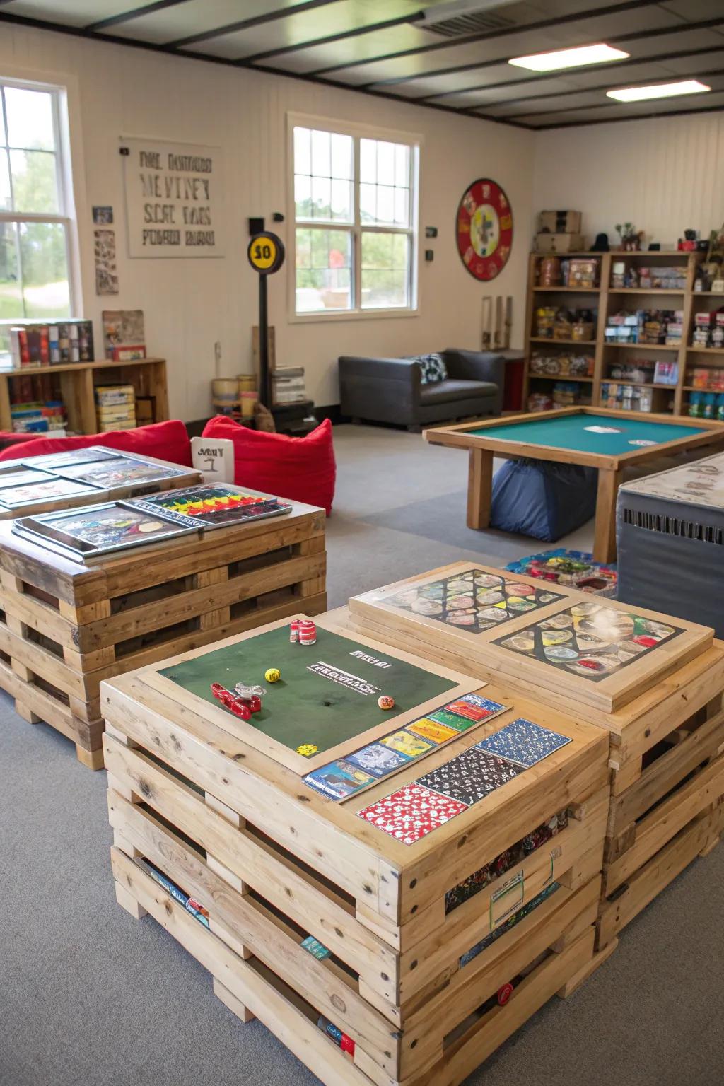 Lumber tables offer rustic charm and practicality.