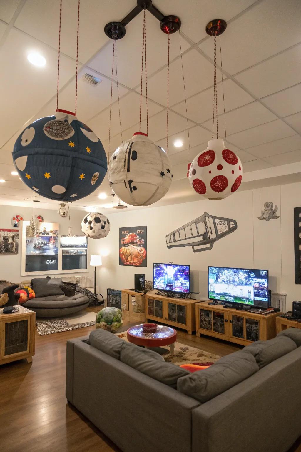 Ceiling danglers add movement and a playful touch.