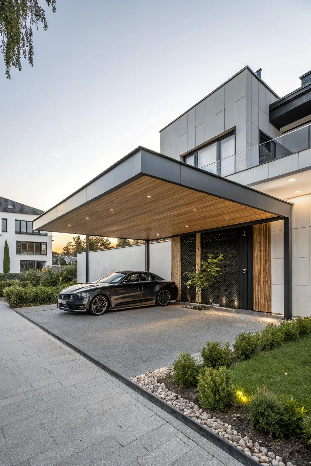 A contemporary overhang extension infuses bold style to the garage.