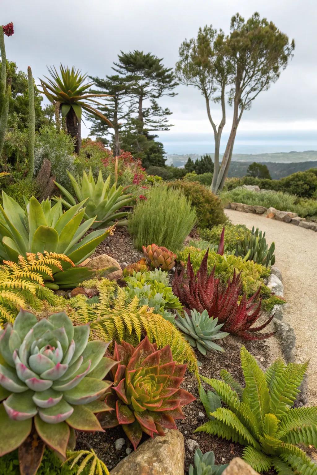A garden displaying rare plant varieties, like succulents and unusual ferns.
