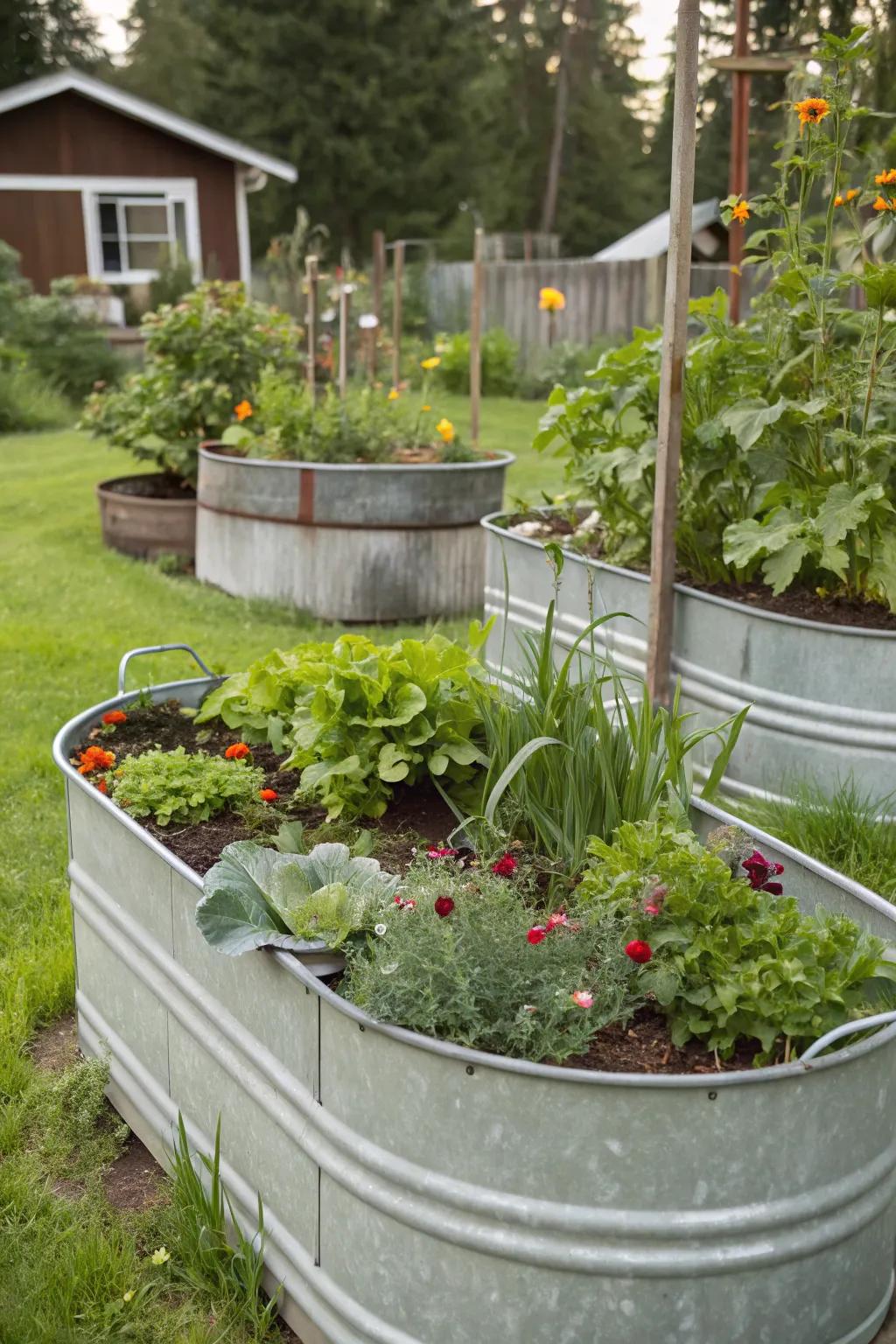 Holding containers repurposed as elevated garden beds.