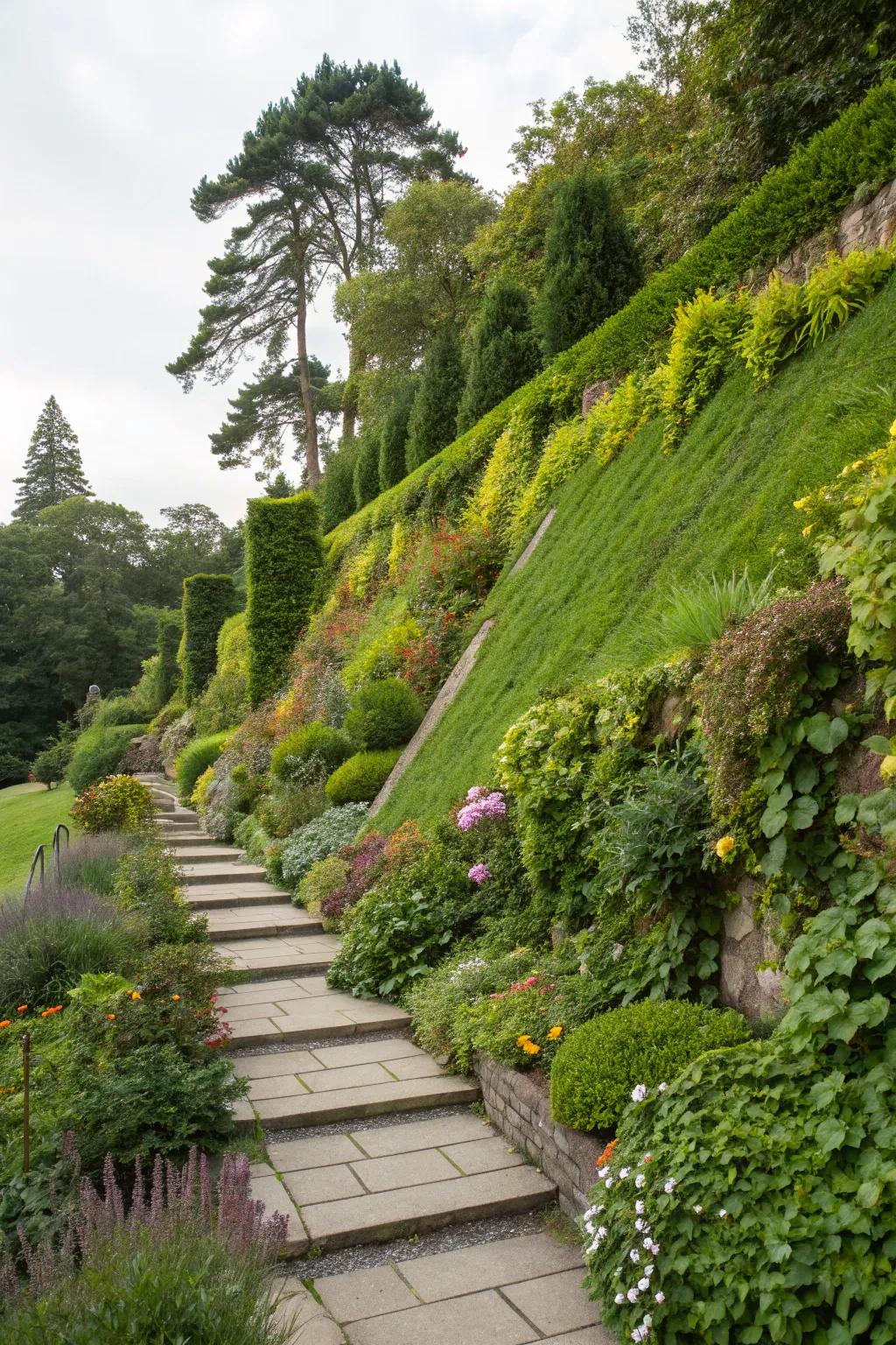 Living walls bring vertical greenery and beauty to sloped gardens.