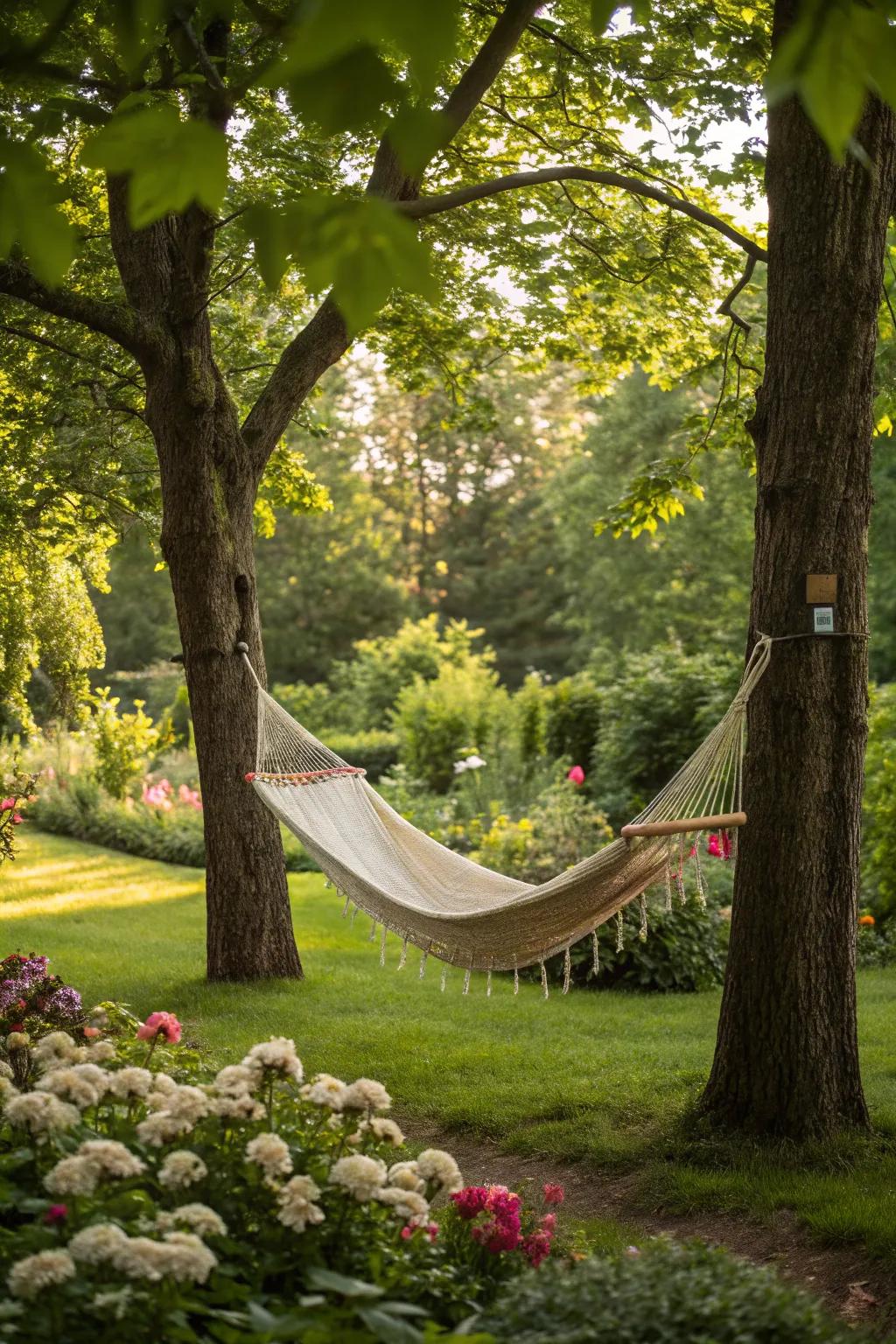 A tranquil hammock extended between trees in the garden.
