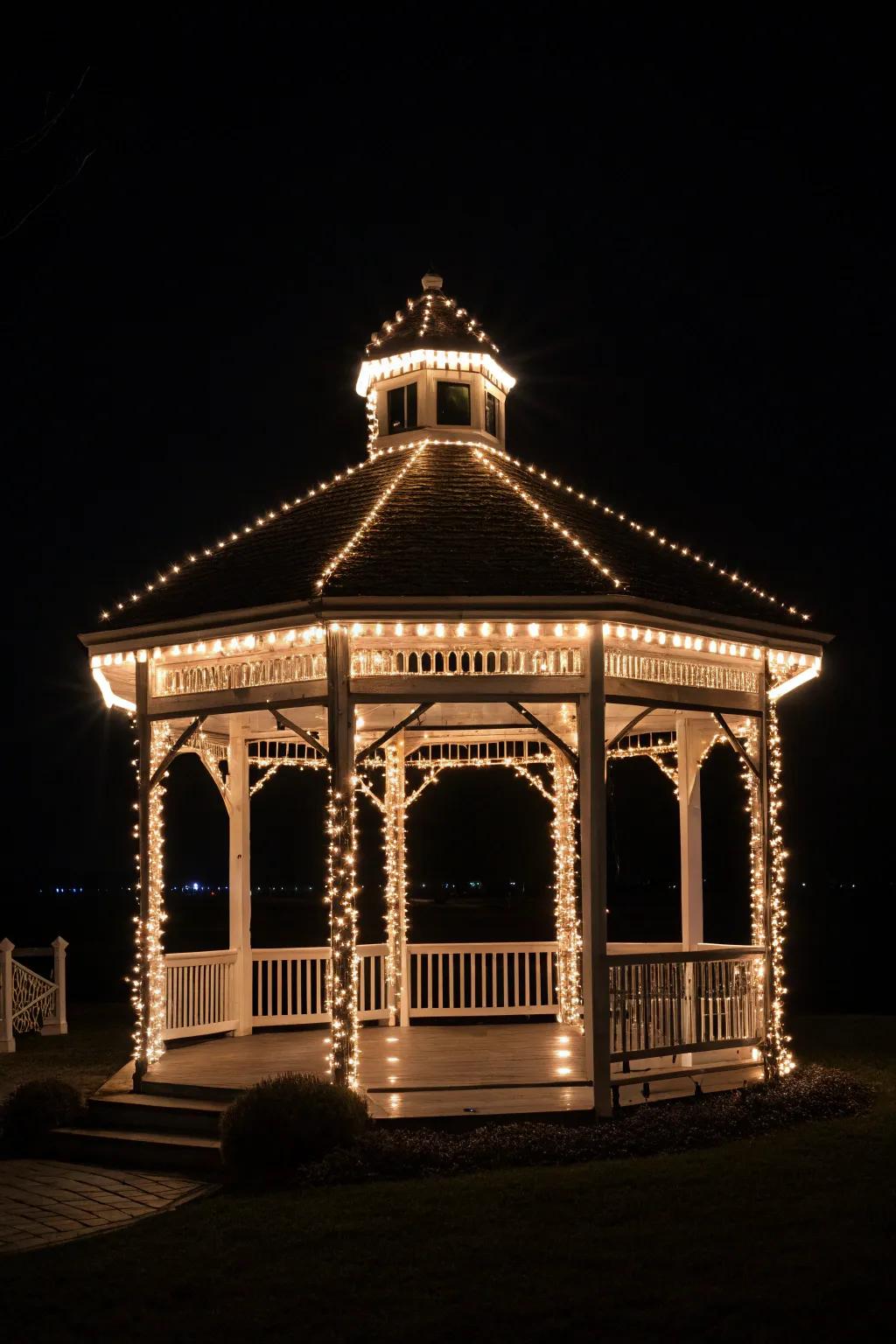 Light cords emphasize the gazebo's architectural form.