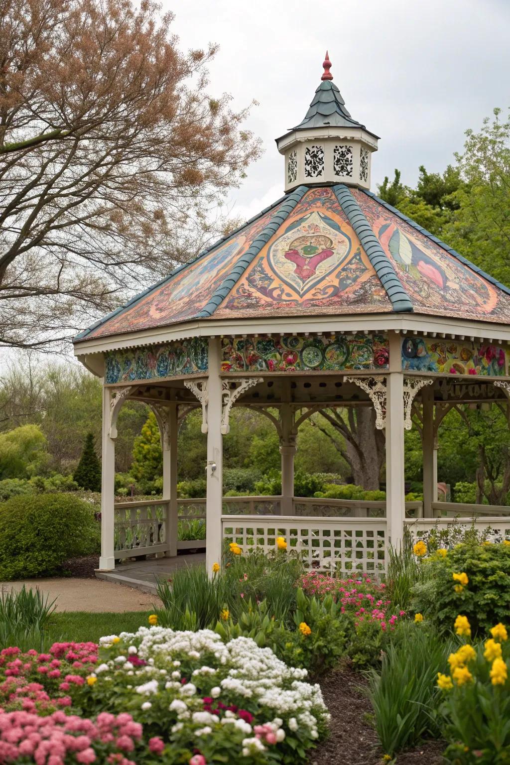 A gazebo with a custom-printed roof, showcasing personality and style.