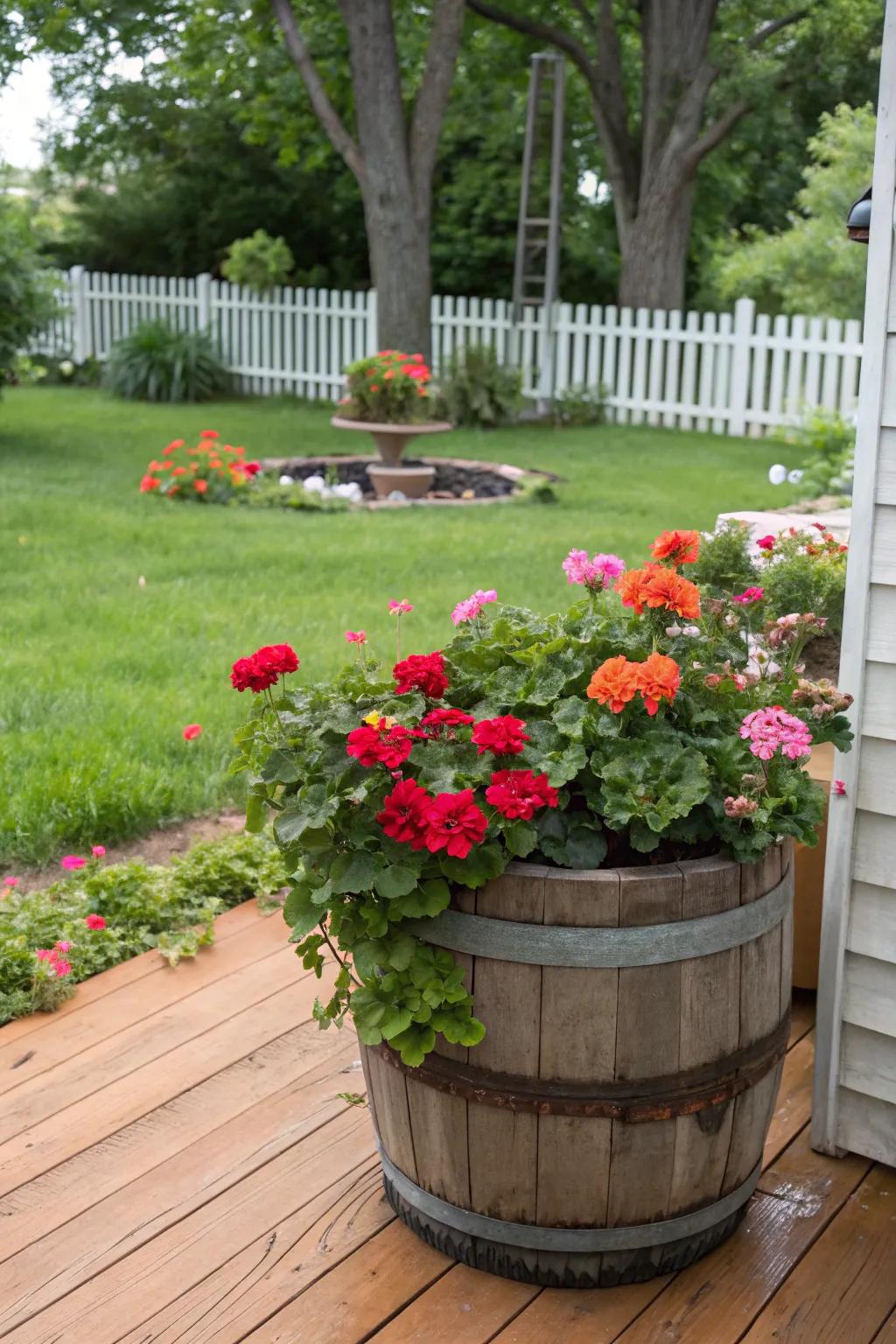 A countryside liquor barrel planter overflowing with vibrant sunbeam blooms.