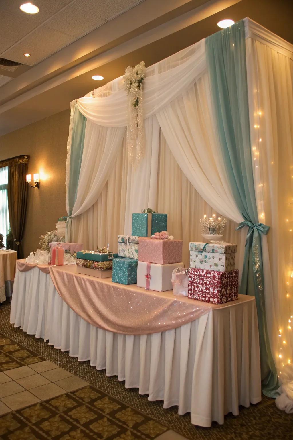 Elevate your gift display using elegant drapery that matches your event's theme.