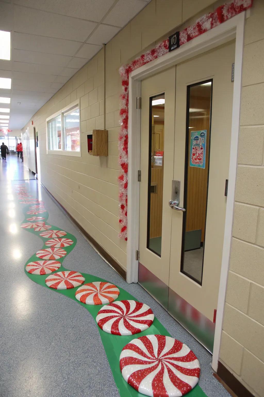 A peppermint pathway guides visitors to the gingerbread door.