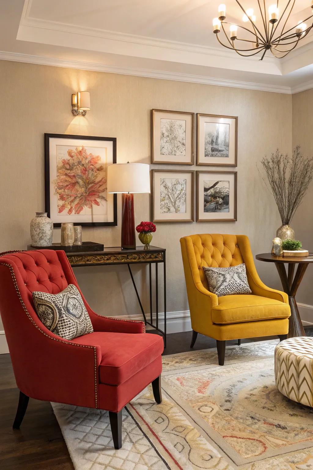 A stylish living room with bold accent seats adding color.