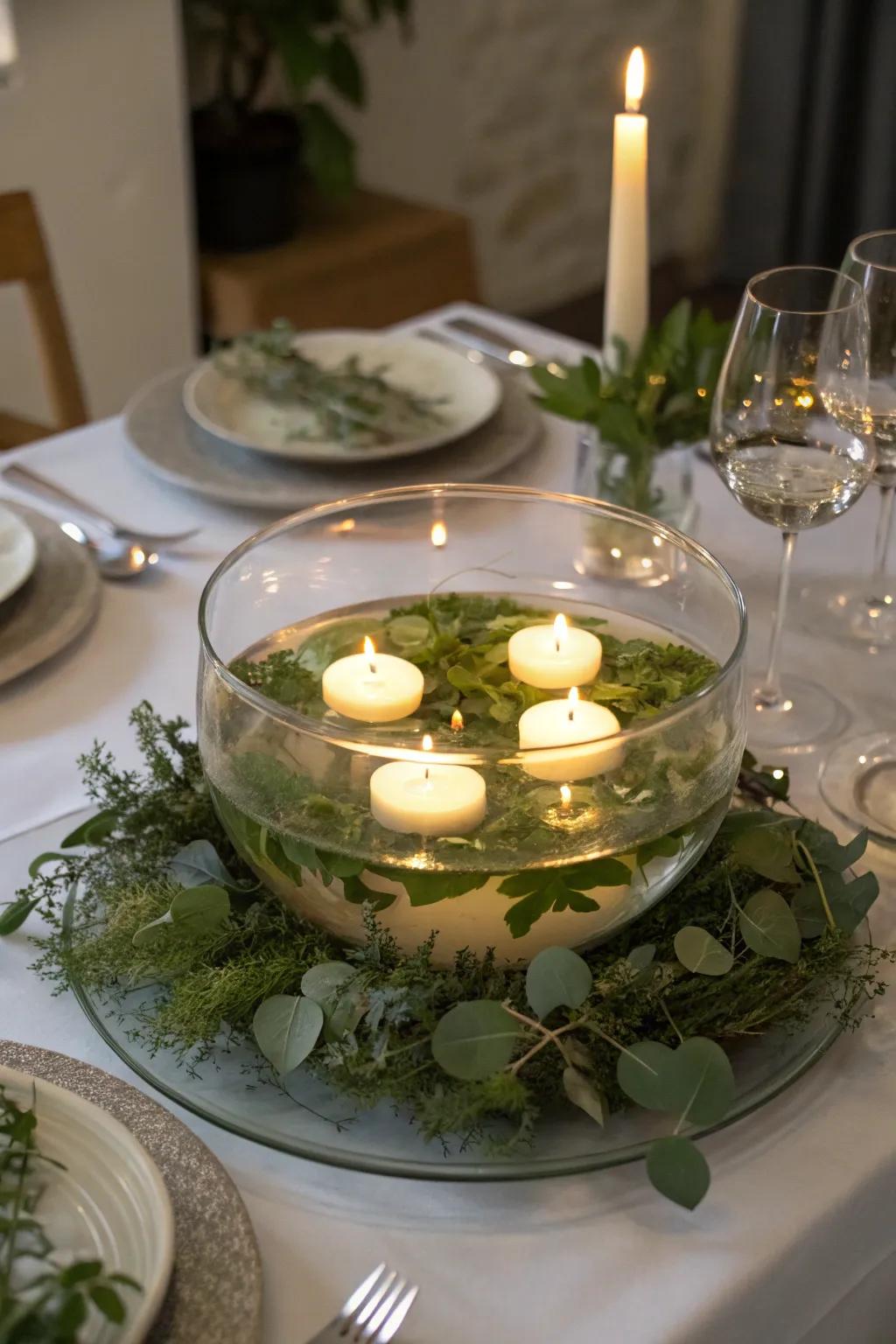 Candlelit serenity with floating candles in a glass bowl.