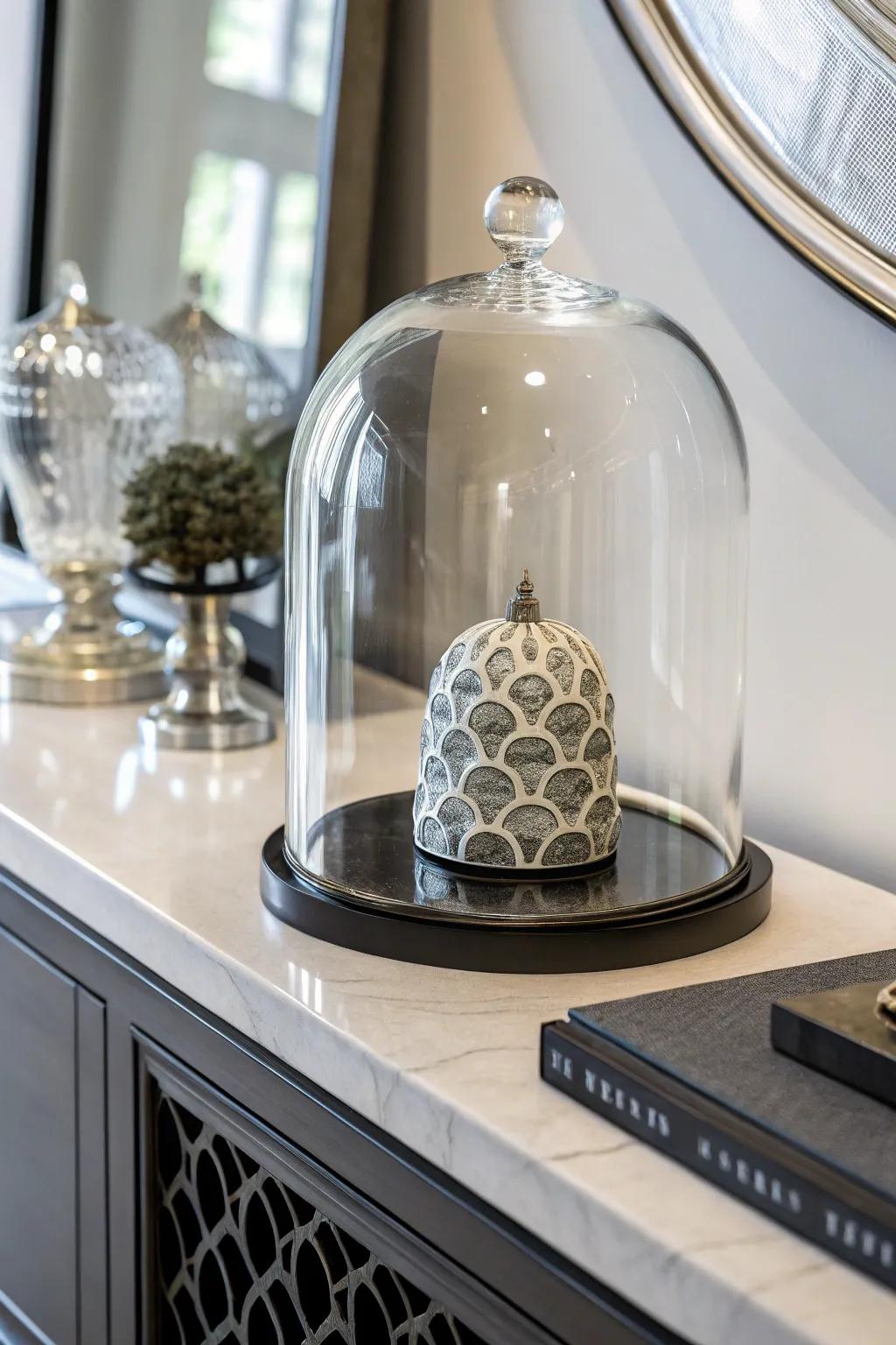 A minimalist presentation featuring a modern carving underneath a glass cover.