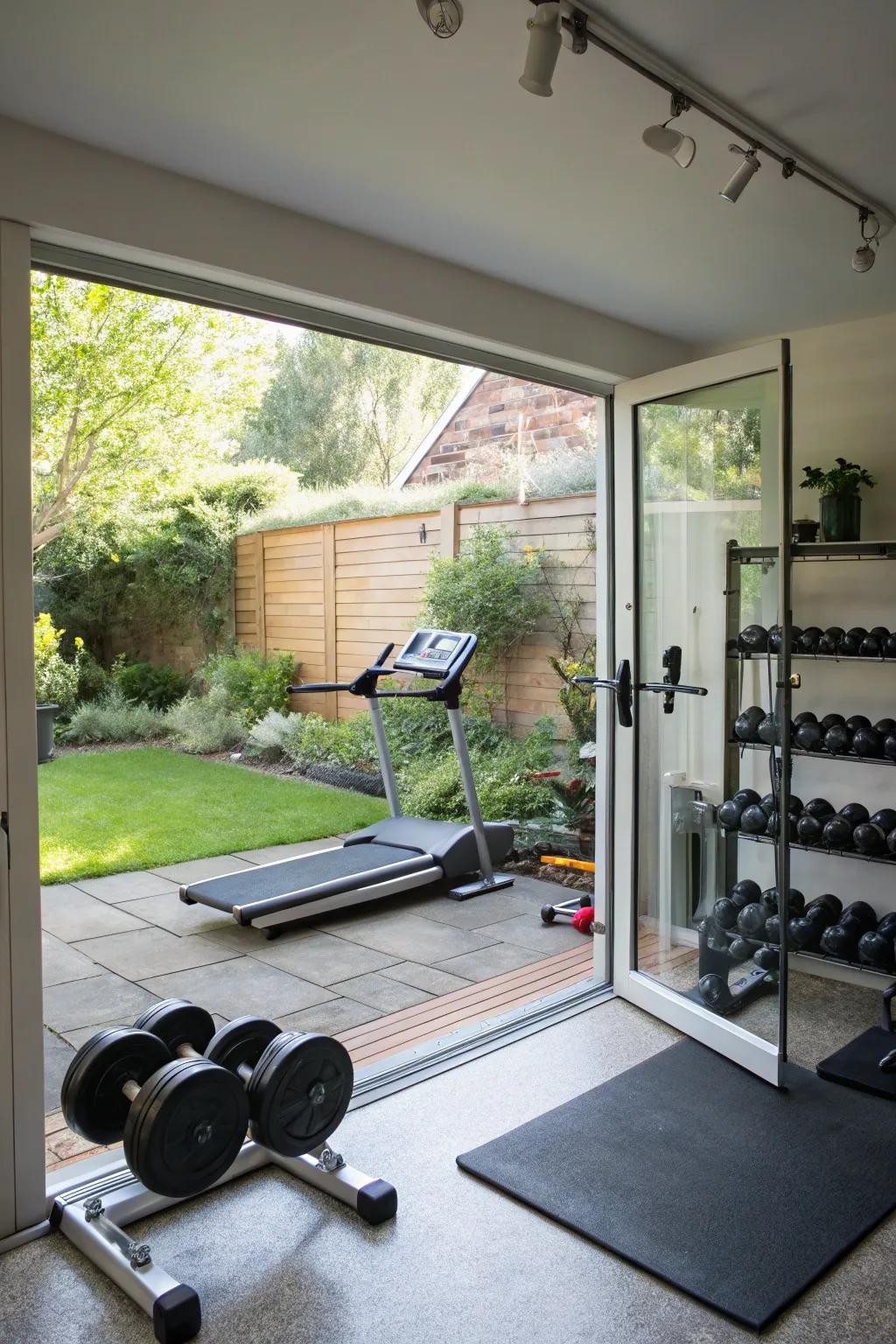 A home gym enhanced by the openness of a glass overhead door.