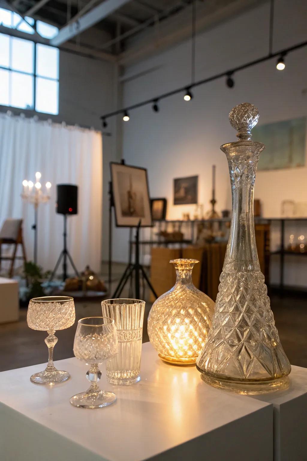 Back illumination creating a theatrical impression on glassware in an art studio.