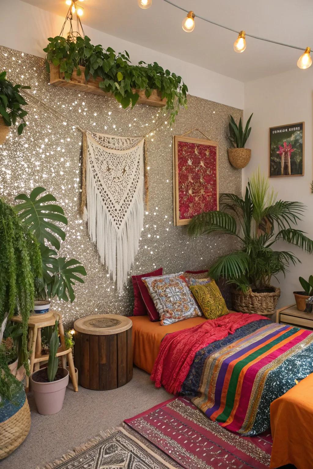A shimmering feature wall adds to a boho blend.