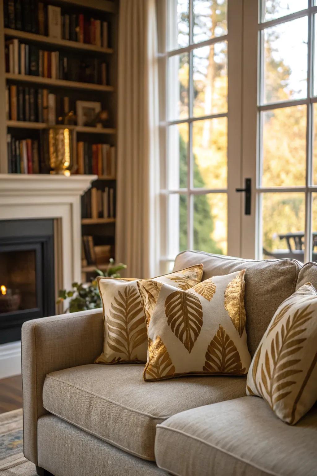 Add a touch of luxury to your sofa with gold leaf pillows.