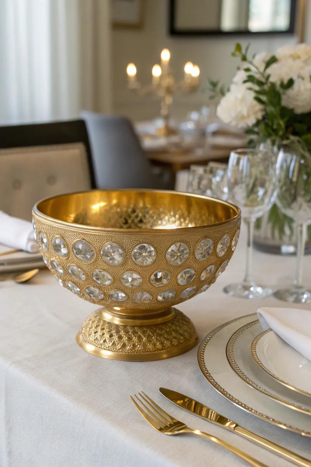 Luxurious gold bowl paired with crystal accents.