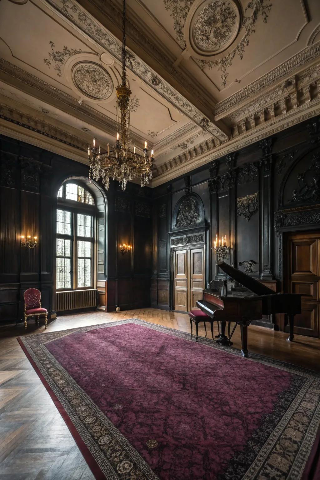 Lavish floor rugs that anchor a gothic room.