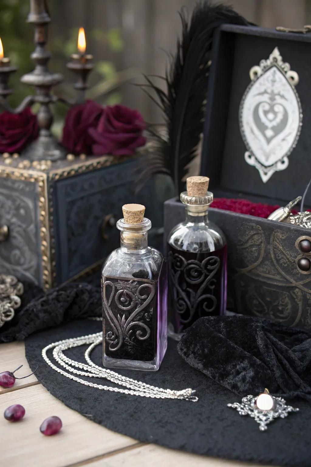 Gothic wedding mementos showcasing love elixir bottles.
