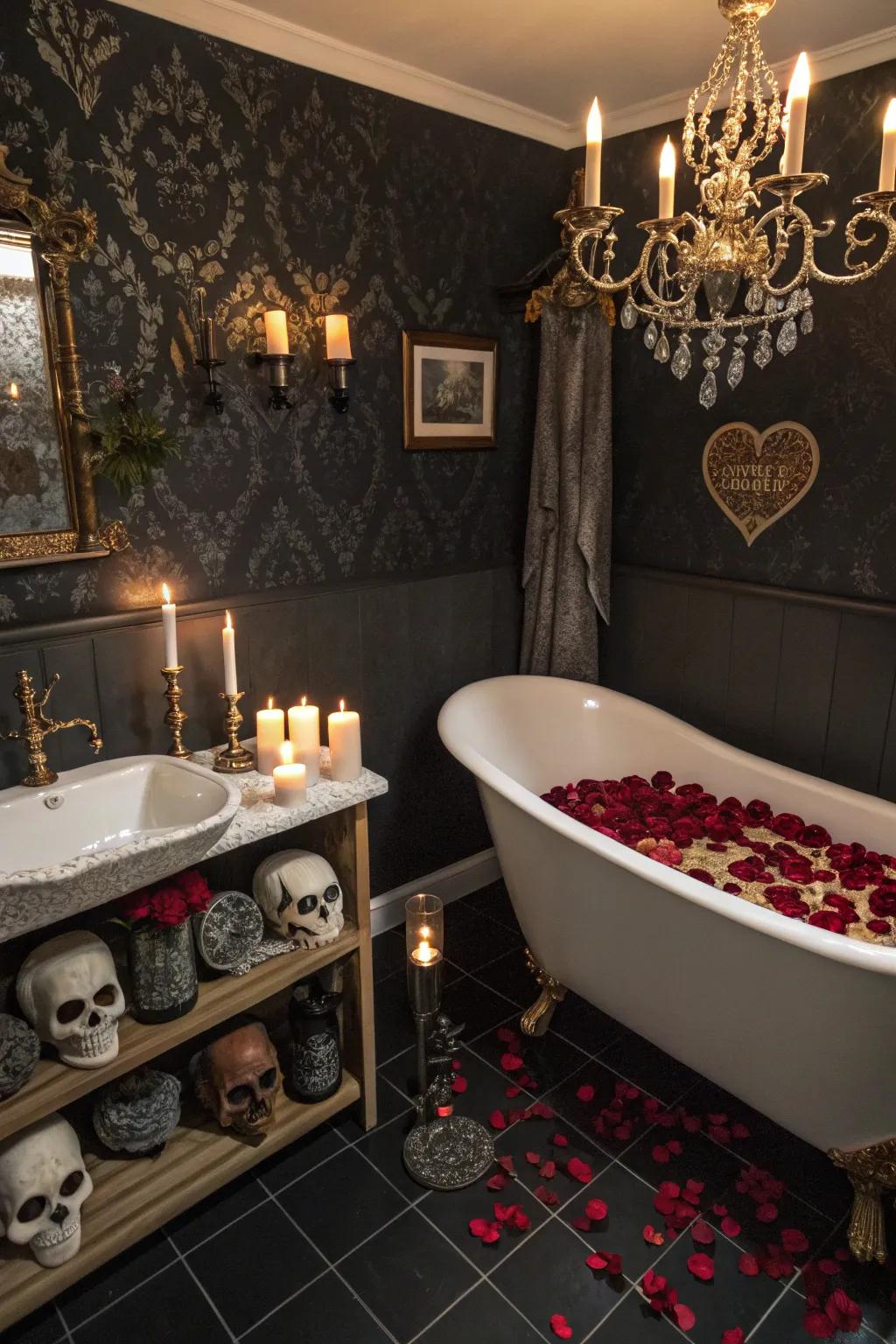 Gothic accessories contribute personality and style to the bathroom.